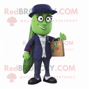 Navy Zucchini mascot costume character dressed with a Cardigan and Wallets