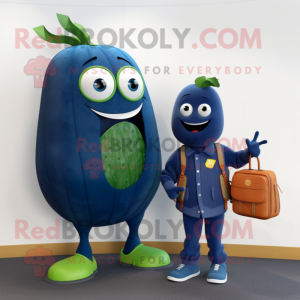 Navy Zucchini mascot costume character dressed with a Cardigan and Wallets