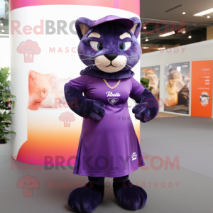 Purple Puma mascot costume character dressed with a Maxi Skirt and Berets