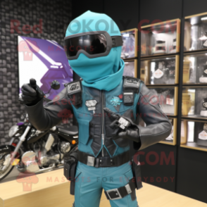 Teal Soldier mascot costume character dressed with a Biker Jacket and Scarf clips