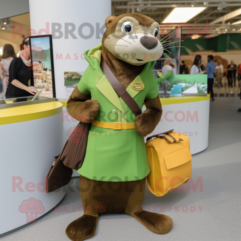 Olive Otter mascot costume character dressed with a Midi Dress and Wallets