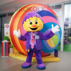 Purple Rainbow mascot costume character dressed with a Suit Jacket and Keychains
