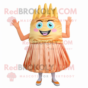 Peach French Fries mascot costume character dressed with a Pleated Skirt and Rings