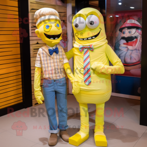 Lemon Yellow Mummy mascot costume character dressed with a Boyfriend Jeans and Bow ties