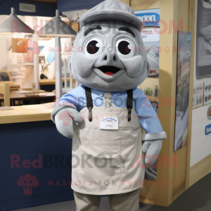 Silver Fish And Chips mascot costume character dressed with a Oxford Shirt and Suspenders