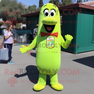 Lime Green Hot Dog mascot costume character dressed with a Button-Up Shirt and Wallets