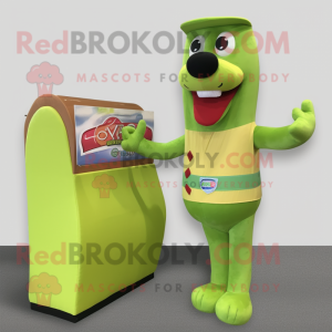 Lime Green Hot Dog mascot costume character dressed with a Button-Up Shirt and Wallets