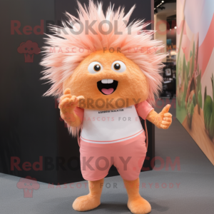 Peach Porcupine mascot costume character dressed with a Skinny Jeans and Clutch bags