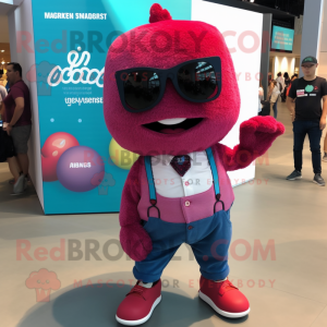 Magenta Raspberry mascot costume character dressed with a Denim Shorts and Pocket squares