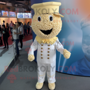 Cream Pop Corn mascot costume character dressed with a Dress Shirt and Caps