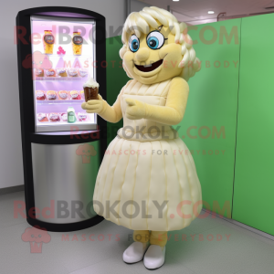 Beige Candy Box mascot costume character dressed with a Cocktail Dress and Gloves