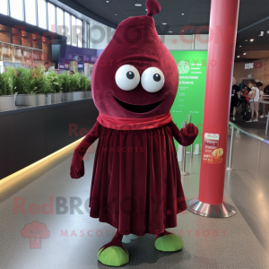 Maroon Cucumber mascot costume character dressed with a Wrap Dress and Hairpins