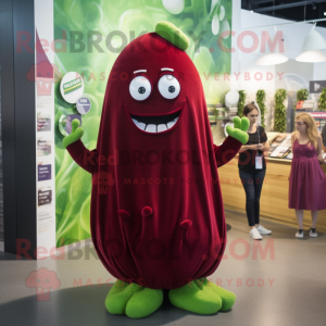 Maroon Cucumber mascot costume character dressed with a Wrap Dress and Hairpins