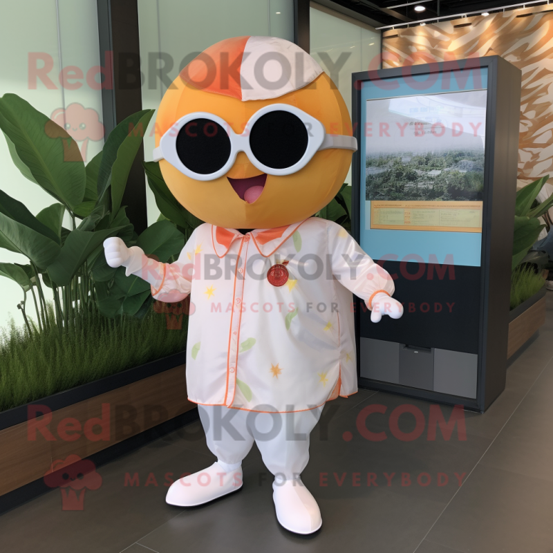 Peach Dim Sum mascot costume character dressed with a Poplin Shirt and Sunglasses