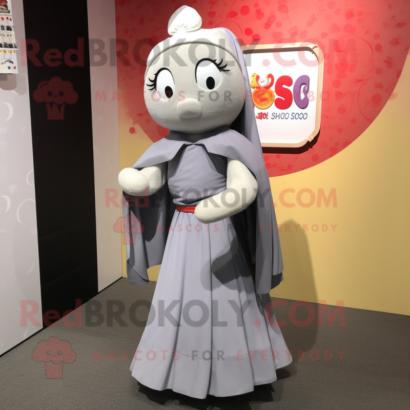 Gray Miso Soup mascot costume character dressed with a Skirt and Shawl pins