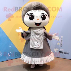 Gray Miso Soup mascot costume character dressed with a Skirt and Shawl pins