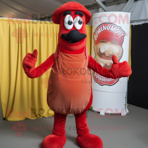 Red Currywurst mascot costume character dressed with a Dungarees and Cummerbunds