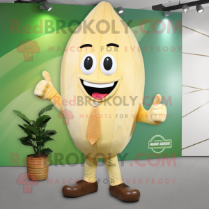 Cream Mango mascot costume character dressed with a Long Sleeve Tee and Ties