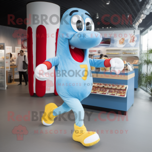 Sky Blue Hot Dog mascot costume character dressed with a Running Shorts and Brooches