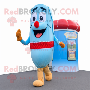 Sky Blue Hot Dog mascot costume character dressed with a Running Shorts and Brooches