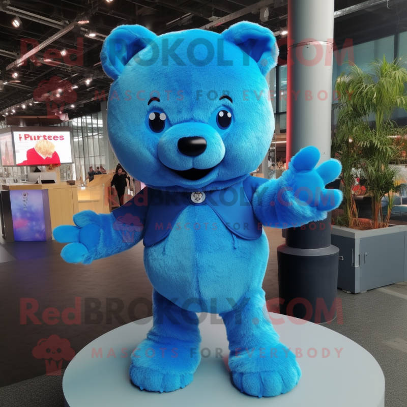 Blue Teddy Bear mascot costume character dressed with a Turtleneck and Hair clips