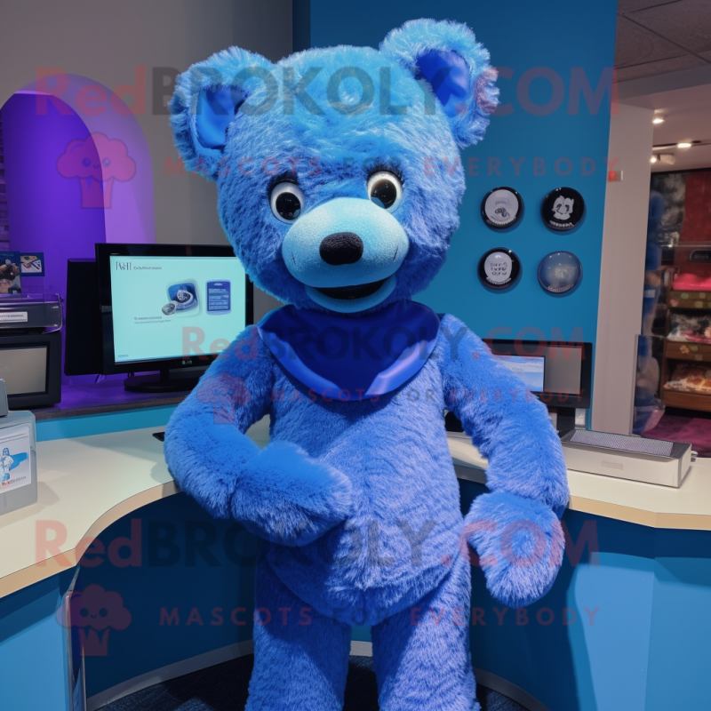 Blue Teddy Bear mascot costume character dressed with a Turtleneck and Hair clips