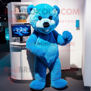 Blue Teddy Bear mascot costume character dressed with a Turtleneck and Hair clips