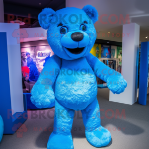 Blue Teddy Bear mascot costume character dressed with a Turtleneck and Hair clips