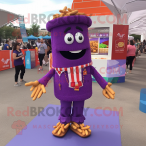 Purple French Fries mascot costume character dressed with a Button-Up Shirt and Necklaces