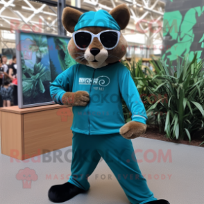 Teal Jaguarundi mascot costume character dressed with a Joggers and Sunglasses