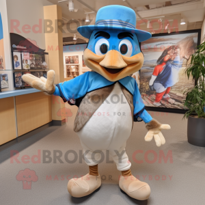 Tan Blue Jay mascot costume character dressed with a Capri Pants and Hats