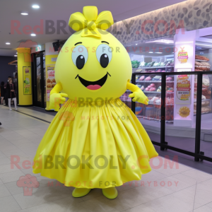 Lemon Yellow Chocolates mascot costume character dressed with a Midi Dress and Cummerbunds