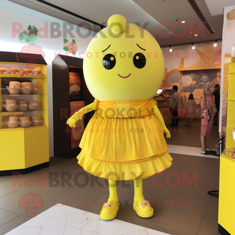 Lemon Yellow Chocolates mascot costume character dressed with a Midi Dress and Cummerbunds