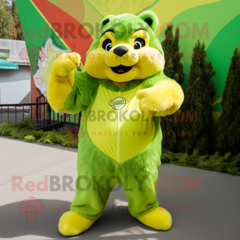 Lime Green Marmot mascot costume character dressed with a Jumpsuit and Wraps