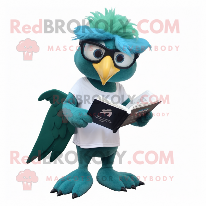 Teal Archeopteryx mascot costume character dressed with a Joggers and Reading glasses