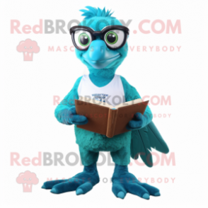 Teal Archeopteryx mascot costume character dressed with a Joggers and Reading glasses