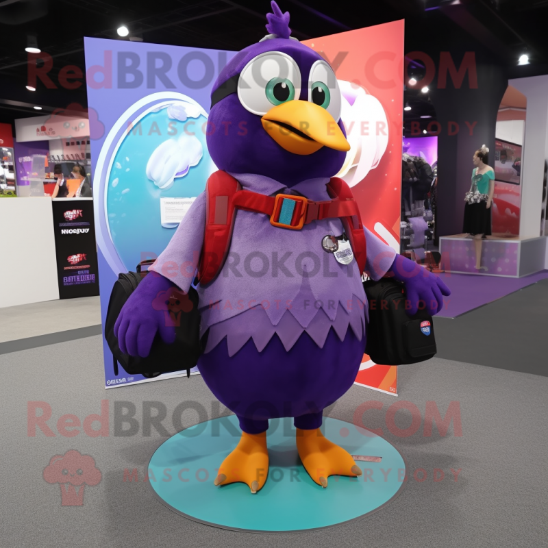 Purple Pigeon mascot costume character dressed with a Circle Skirt and Backpacks