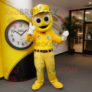 Yellow Gyro mascot costume character dressed with a Bootcut Jeans and Bracelet watches