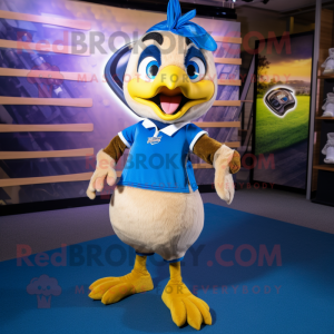 Gold Blue Jay mascot costume character dressed with a Mini Skirt and Mittens