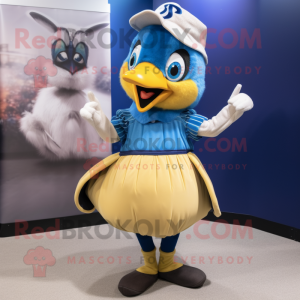 Gold Blue Jay mascot costume character dressed with a Mini Skirt and Mittens