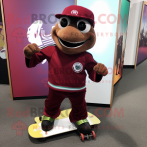 Maroon Skateboard mascot costume character dressed with a Turtleneck and Backpacks