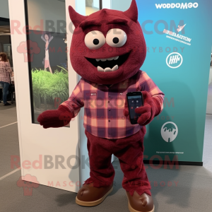 Maroon Chupacabra mascot costume character dressed with a Flannel Shirt and Smartwatches