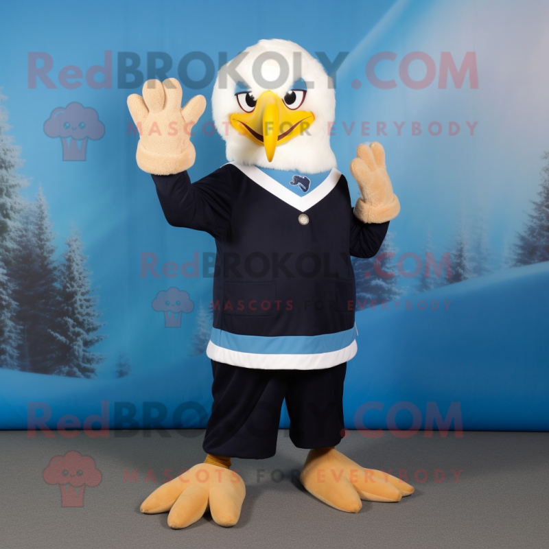 Blue Bald Eagle mascot costume character dressed with a A-Line Skirt and Mittens