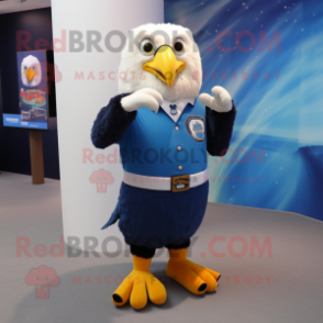 Blue Bald Eagle mascot costume character dressed with a A-Line Skirt and Mittens