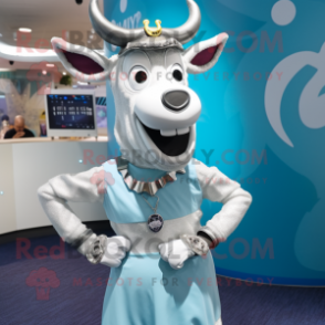 Silver Guernsey Cow mascot costume character dressed with a Dress and Smartwatches