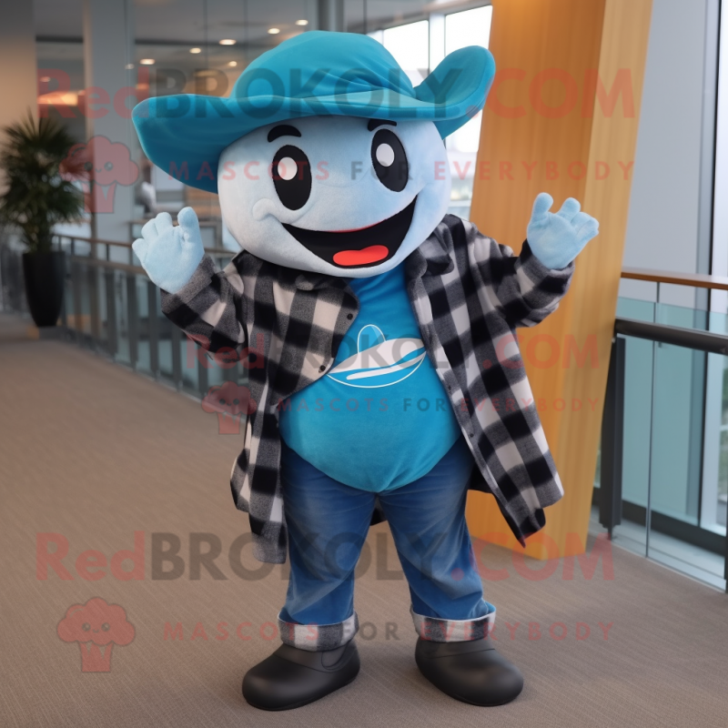 Cyan Manta Ray mascot costume character dressed with a Flannel Shirt and Hats