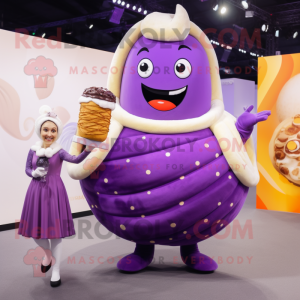 Purple Croissant mascot costume character dressed with a Evening Gown and Smartwatches