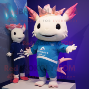 Navy Axolotls mascot costume character dressed with a Sweater and Watches