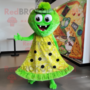 Lime Green Pizza Slice mascot costume character dressed with a Dress and Brooches