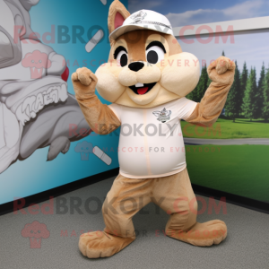 Beige Chipmunk mascot costume character dressed with a Yoga Pants and Hat pins